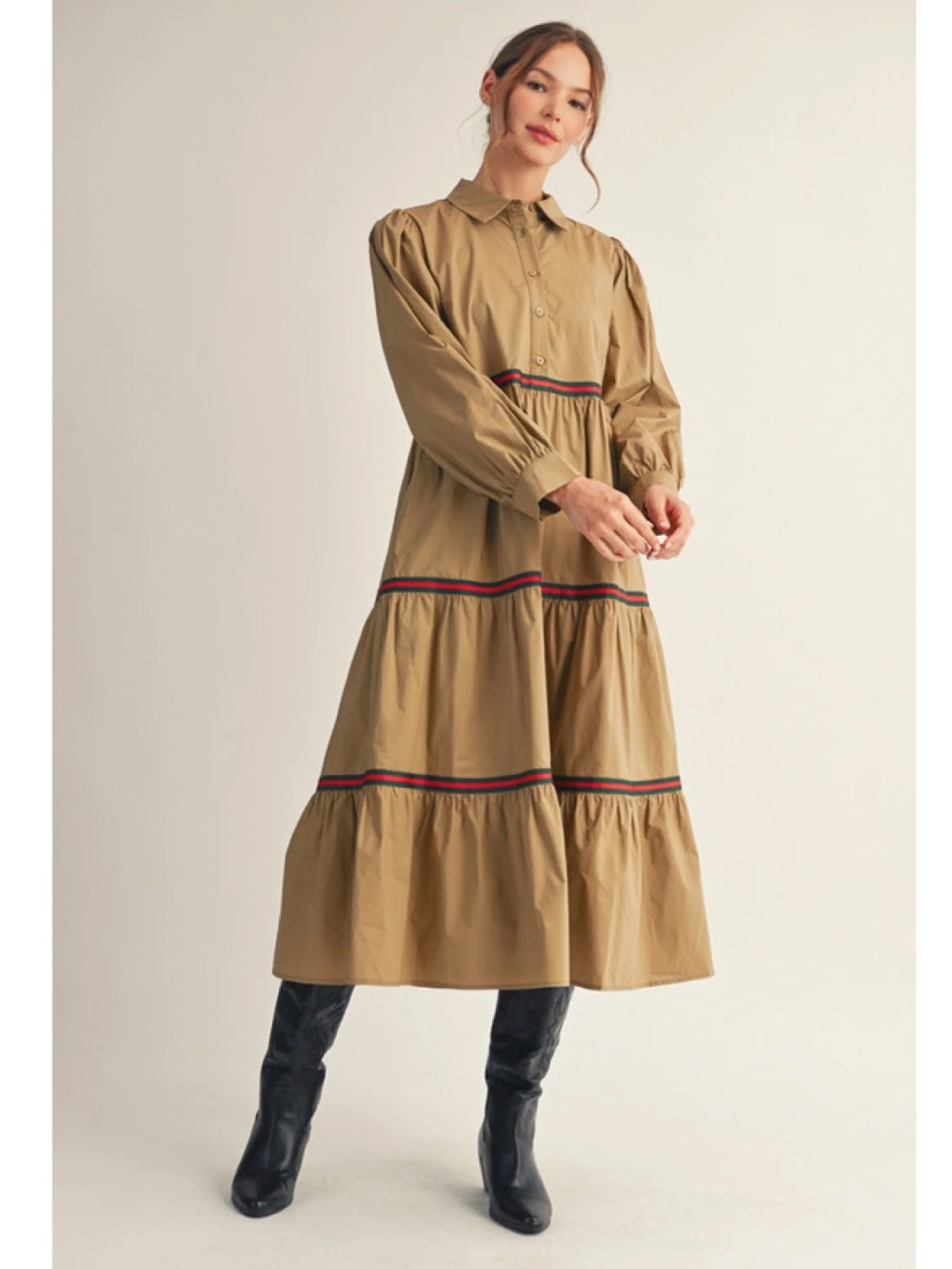 Tiered Long Sleeve Midi Dress in Khaki with Red Green Striped Ribbon Trim ~XL